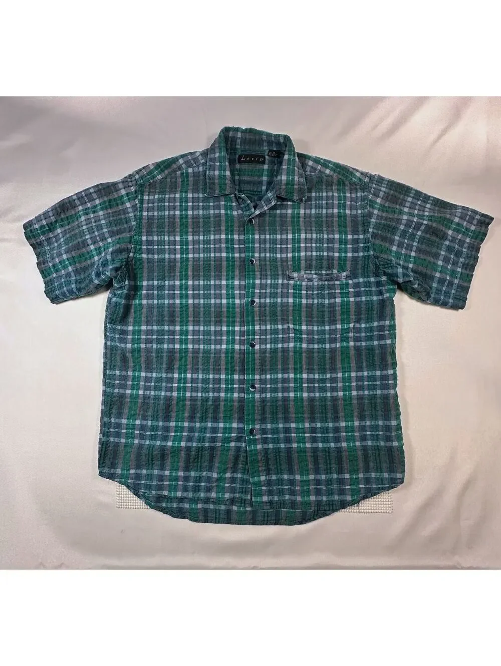 Vintage Levis Seersucker Plaid Shirt Mens Medium Short Sleeve 90s (191)